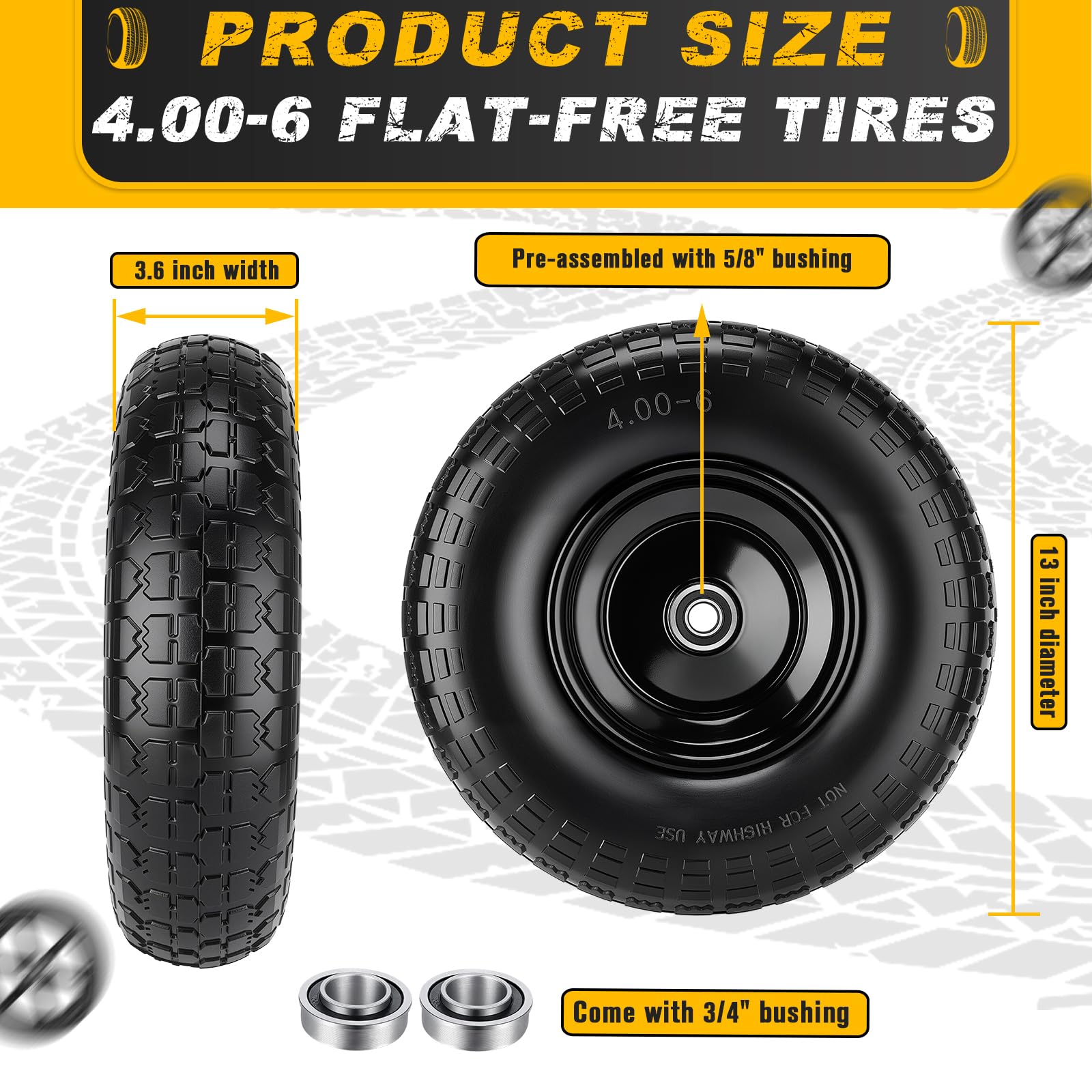 CMOOD 4.00-6 flat-free tire showing serrated tread for grip on uneven surfaces