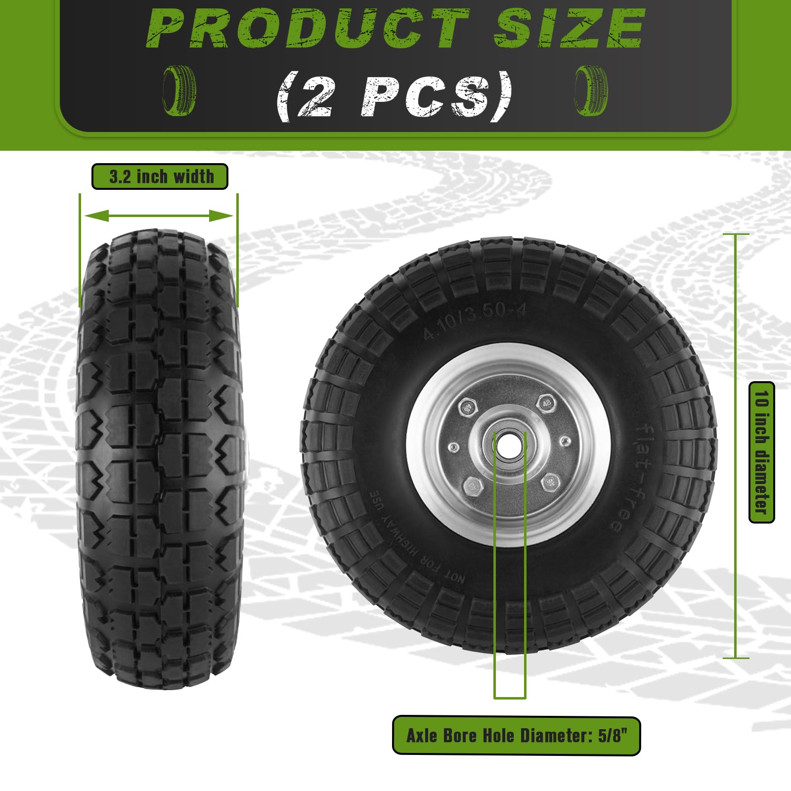 CMOOD 4-pcs 10-inch flat-free tire side view highlights maintenance-free performance