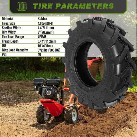 CMOOD 4.80/4.00-8 tire turf tread closeup highlighting puncture-resistant nylon construction.