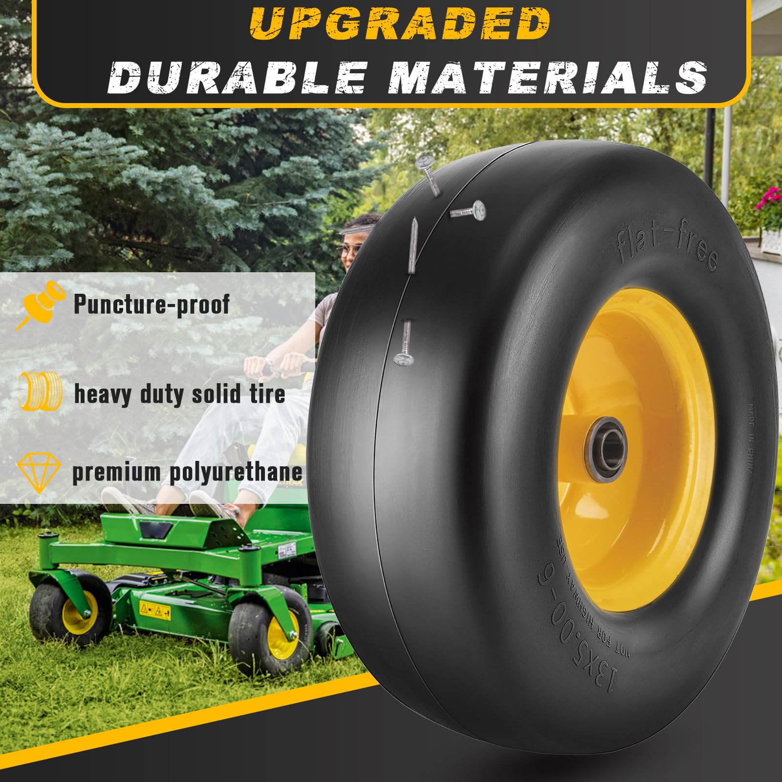 CMOOD solid turf tread tire provides lawn friendly traction and reduced grass damage.