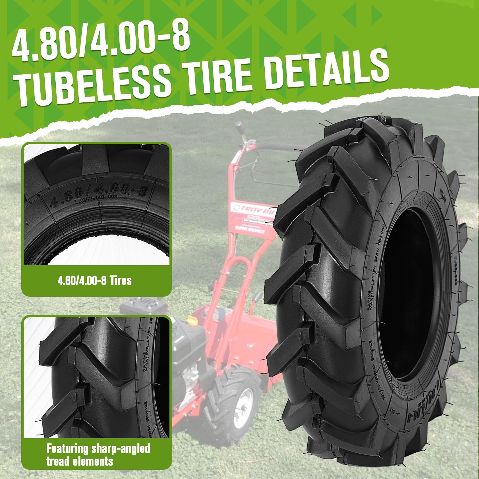 CMOOD tractor tiller tire traction image demonstrates stable performance on uneven garden terrain.