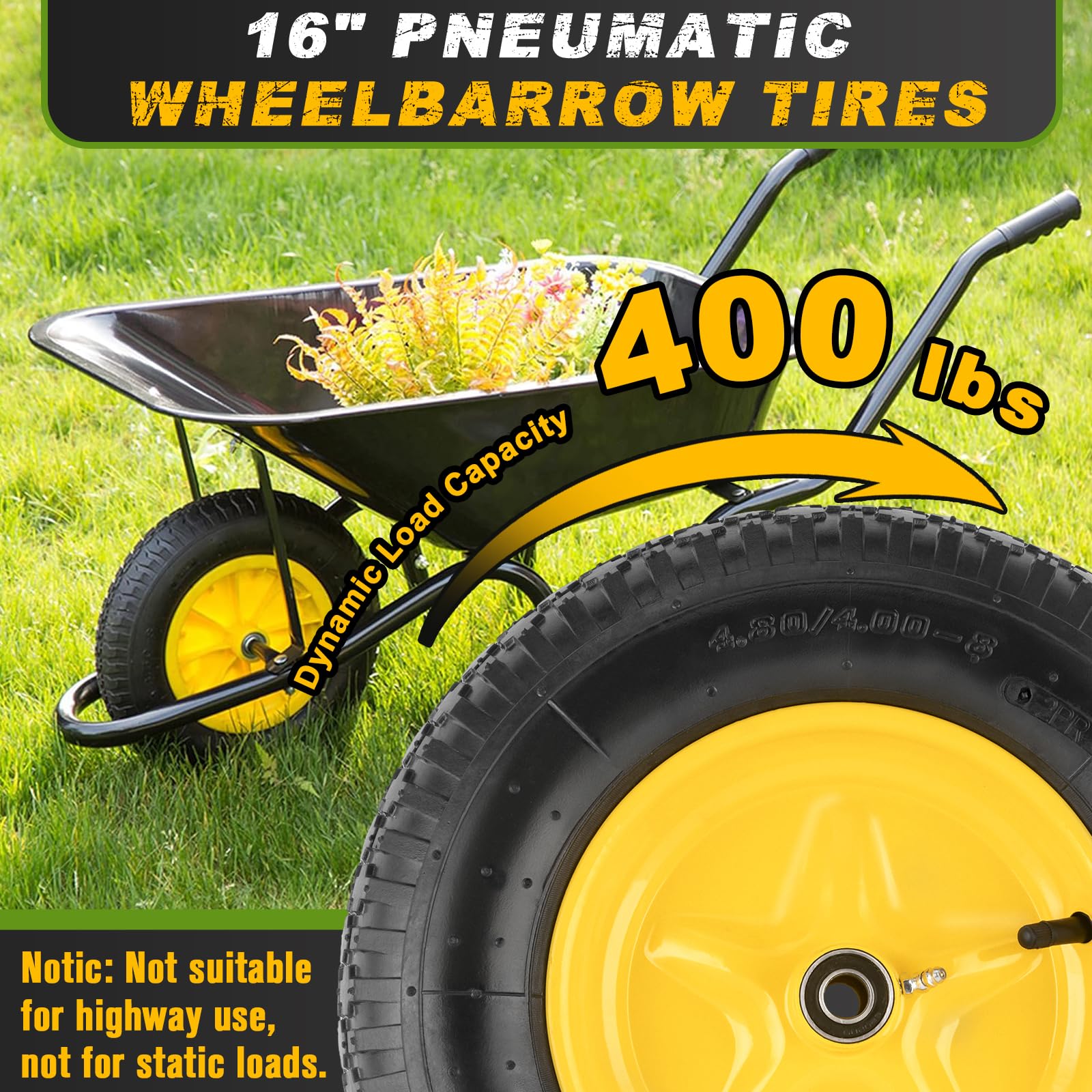 CMOOD wheelbarrow tire and rim with rugged construction for uneven terrain.