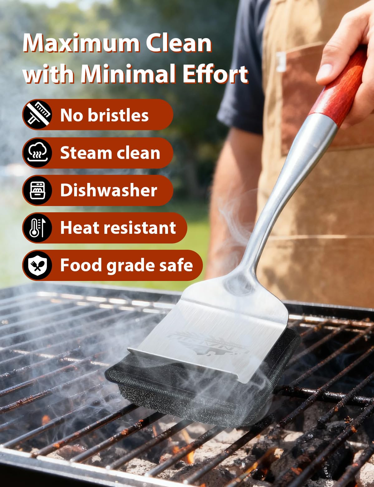 Built-in scraper helps remove stubborn grease between grill grates