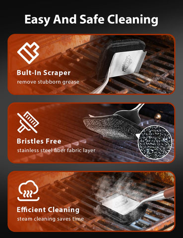 Sturdy stainless steel construction supports heavy-duty grill cleaning