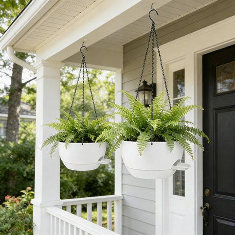 CNLBO white outdoor hanging pot, UV- and frost-resistant for year-round use.