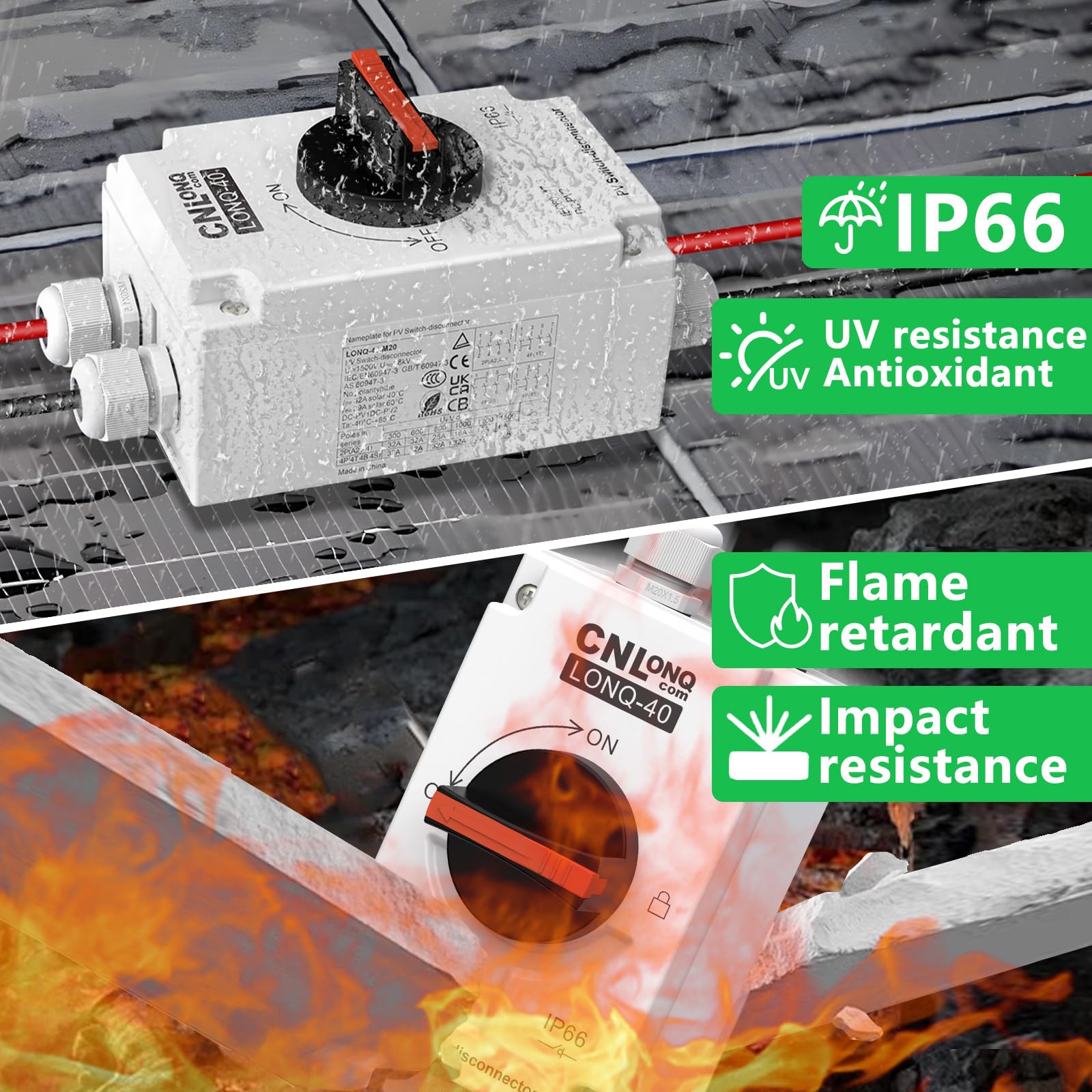 CNLonQcom IP66 weatherproof enclosure protects DC switching outdoors.