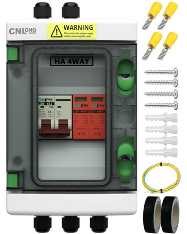 CNLonQcom solar disconnect switch 40A DC 500V viewed with focus on protection for outdoor panels