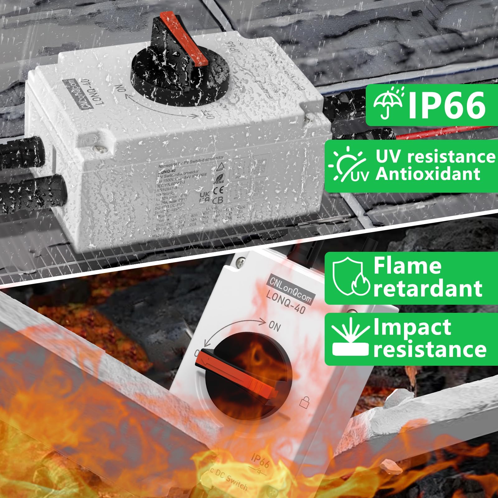 CNLonQcom PV disconnect back view highlighting IP66 enclosure