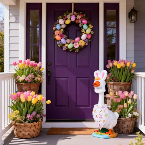 cnomg Easter goose outfit on patio corner creates festive mood