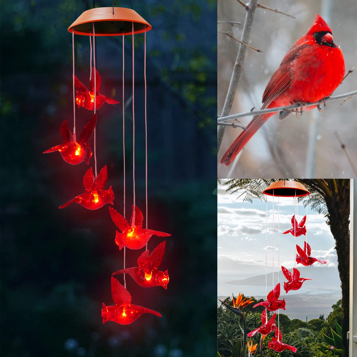cnstorm Cardinal Solar Wind Chimes outdoors add ambient light and quiet breeze.