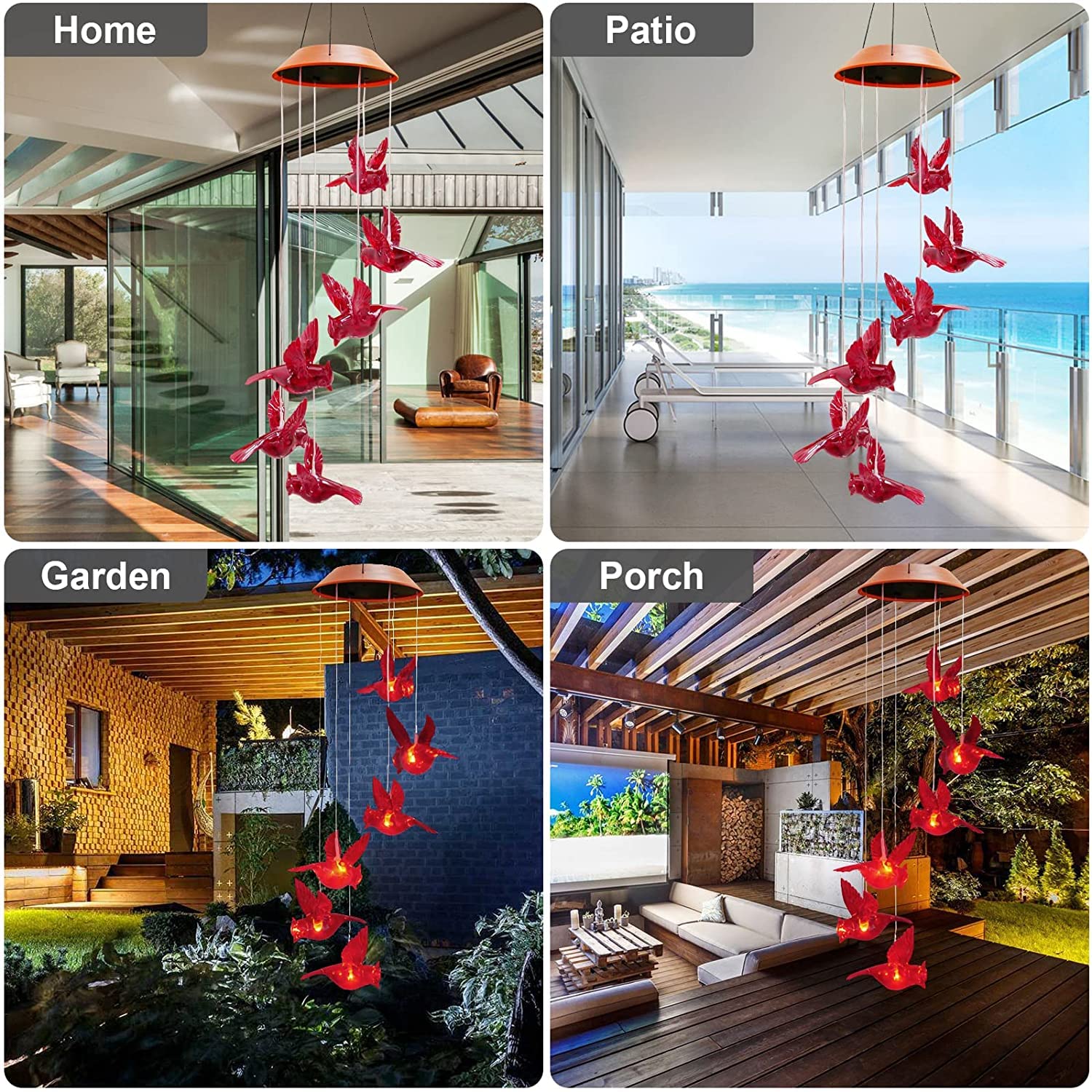 cnstorm 27.5-inch cardinal wind chimes add decorative presence to trees.