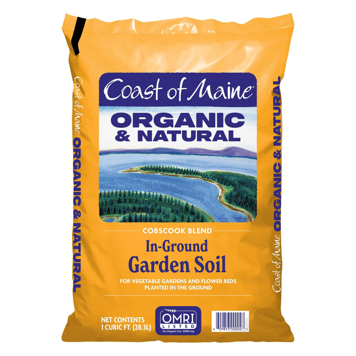 Coast of Maine Cobscook Blend in-ground soil bag open, showing rich loam and organic matter.