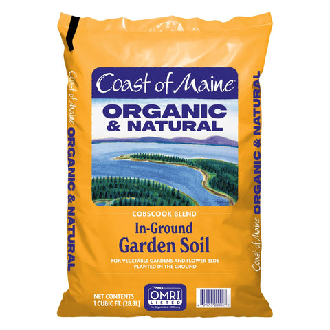 Coast of Maine Cobscook Blend in-ground soil bag open, showing rich loam and organic matter.