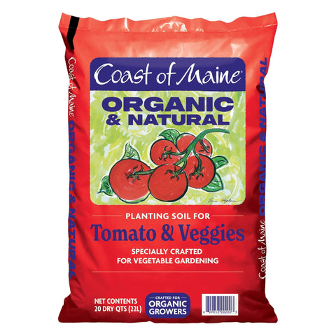 Coast of Maine organic planting soil for tomatoes and vegetables enhances growth in beds and containers.