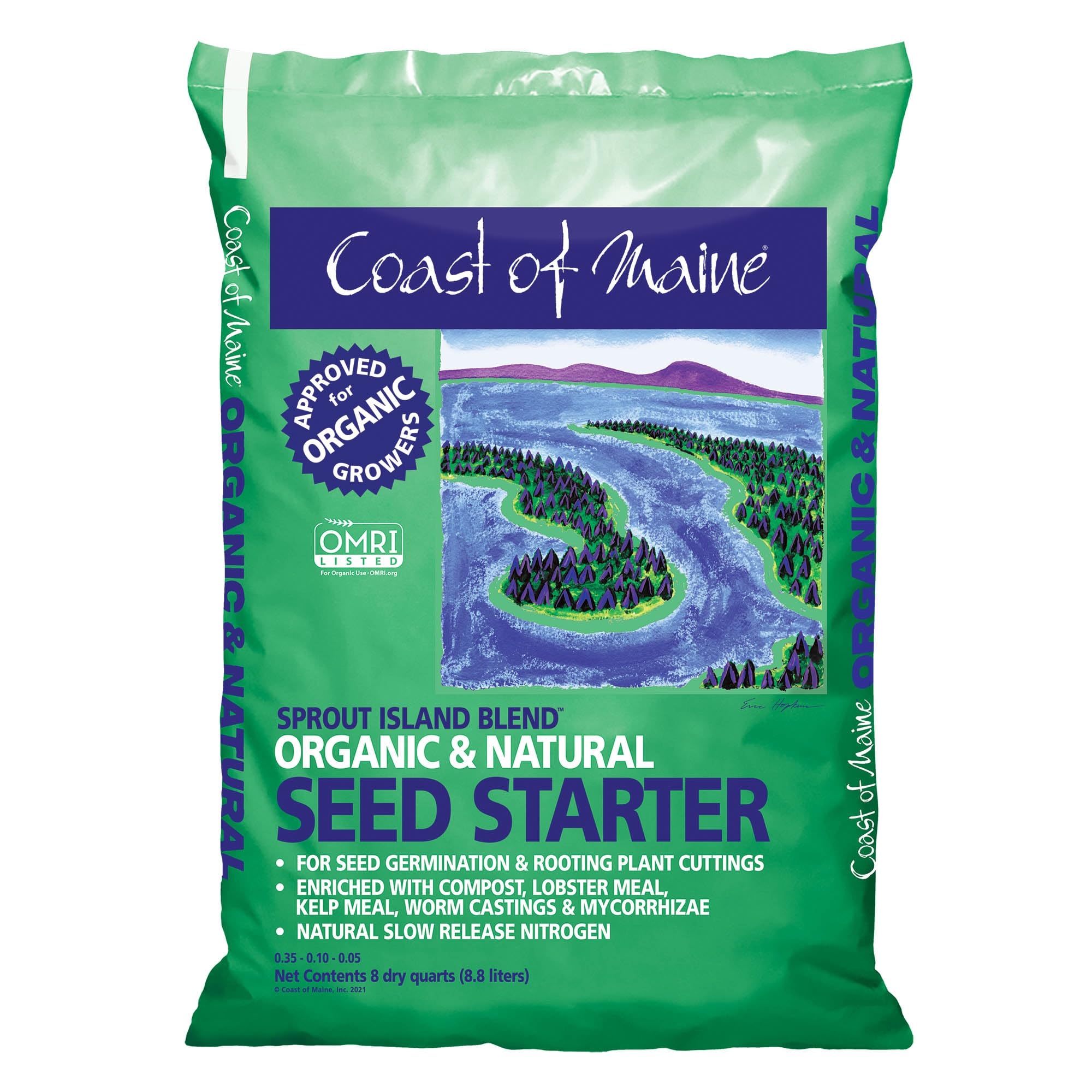 Coast of Maine Sprout Island Blend front label highlights organic seed starter for germination.