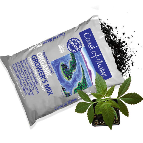 Coast of Maine Stonington Blend bag label shows organic certification and potting suitability