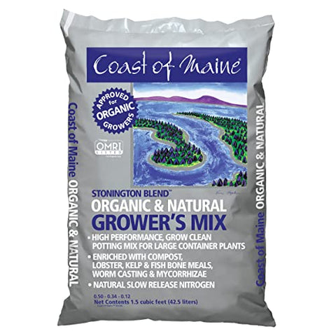 Coast of Maine Stonington Blend soil close-up showing organic ingredients for containers