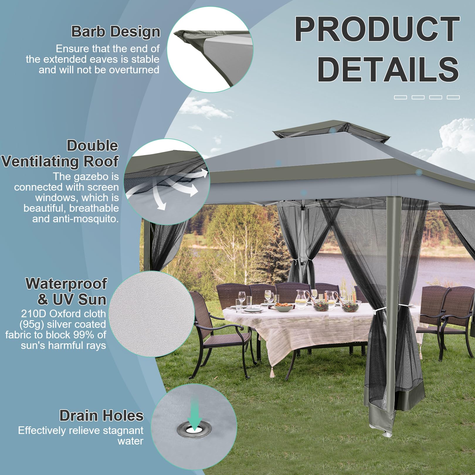 COBIZI gazebo mosquito-netting panels keep bugs out.