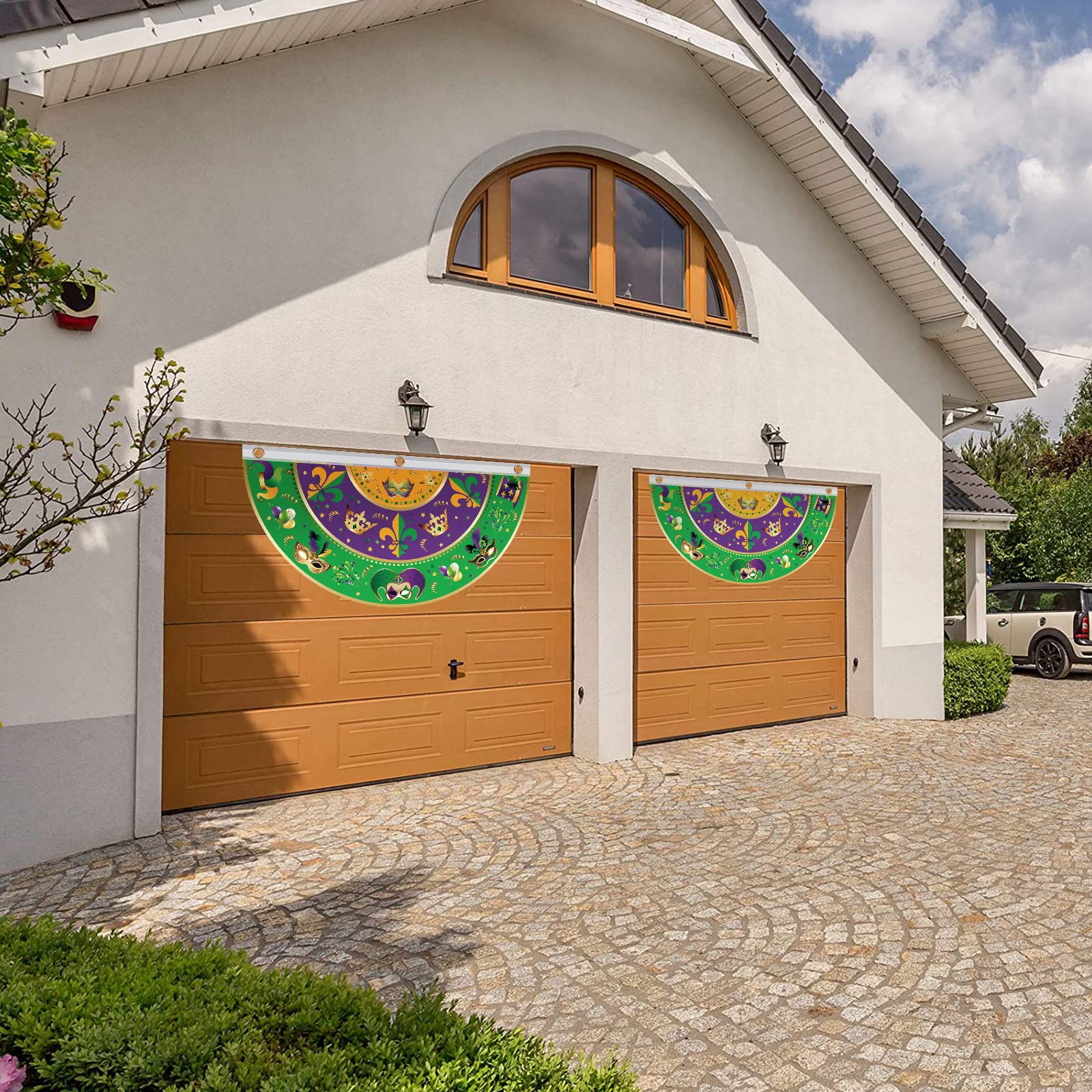 COCHIE Mardi Gras flag front porch sign enhances welcome atmosphere.