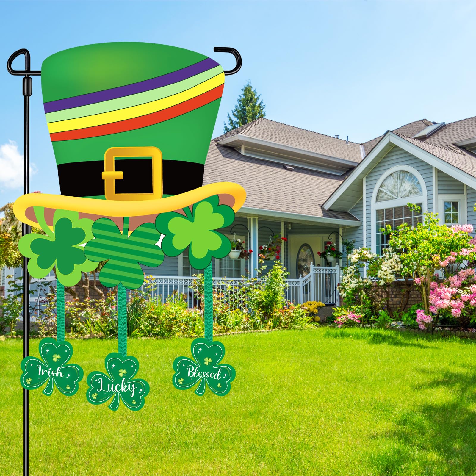 COCHIE shamrock flag fluttering on garden pole with vivid St Patrick's design