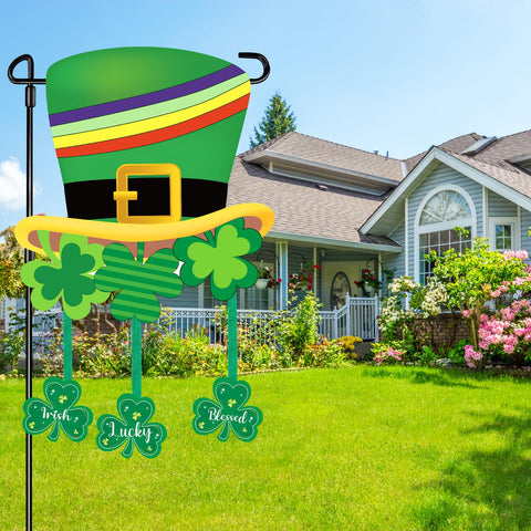 COCHIE shamrock flag fluttering on garden pole with vivid St Patrick's design