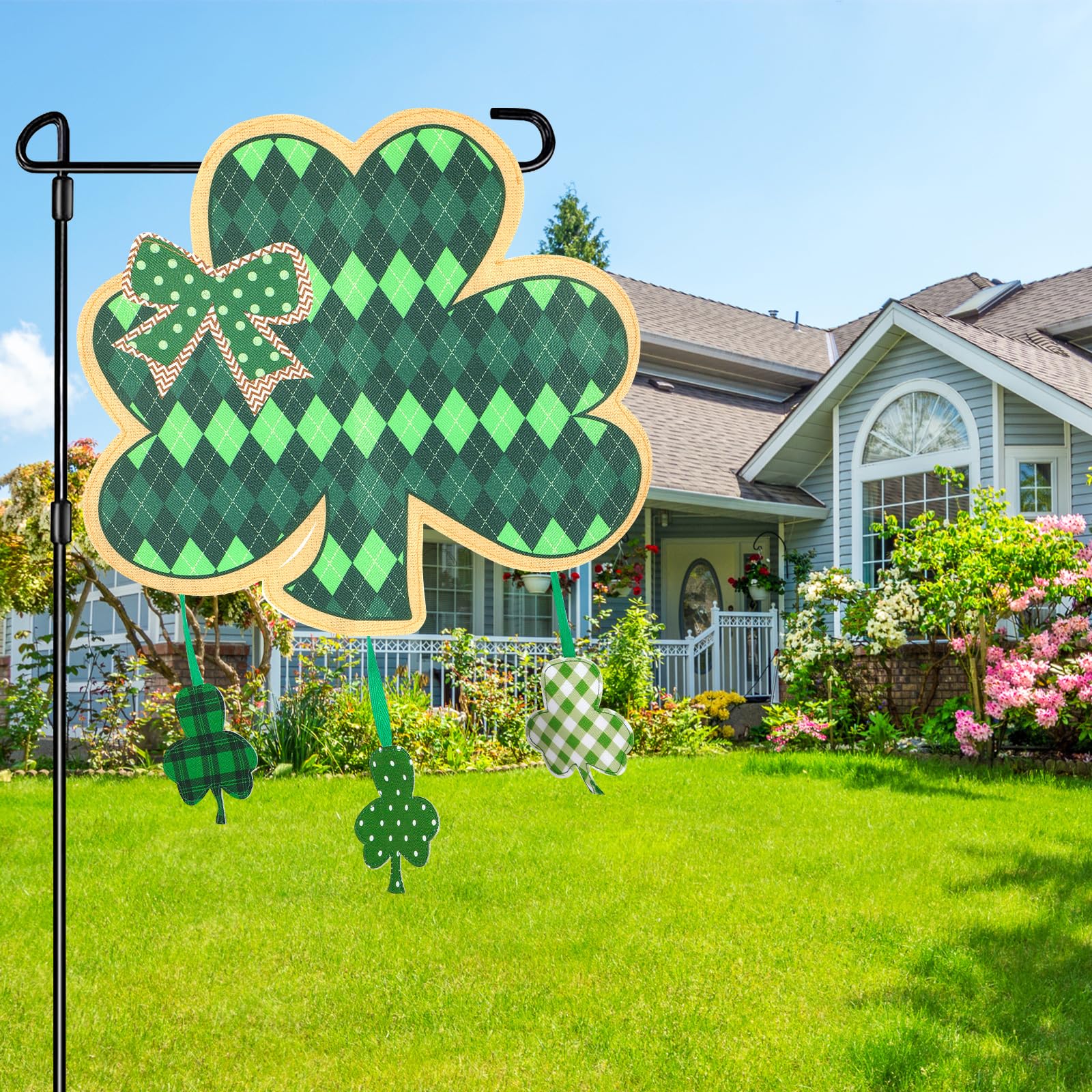 COCHIE shamrock garden flag with plaid stripes adds festive curb appeal.