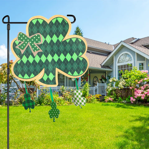 COCHIE shamrock garden flag with plaid stripes adds festive curb appeal.