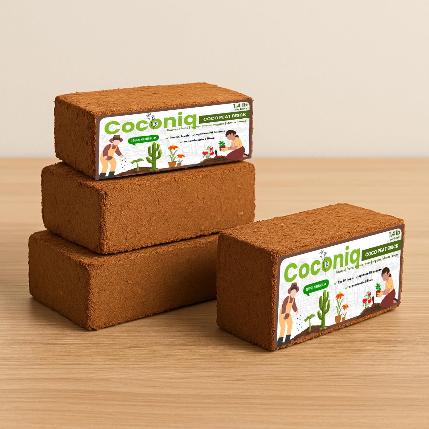COCONIQ coco coir bricks packaged for easy storage and quick setup.