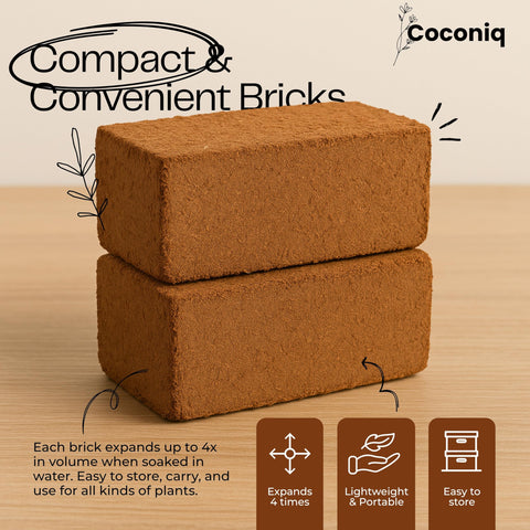 COCONIQ coco coir bricks suited for indoor and outdoor planting.