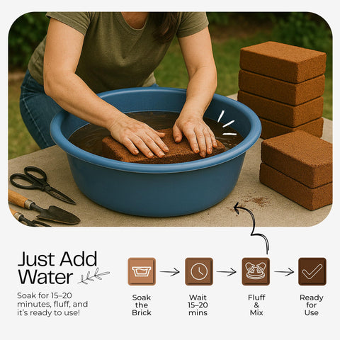 COCONIQ coco coir bricks expand into soil-like base for containers.