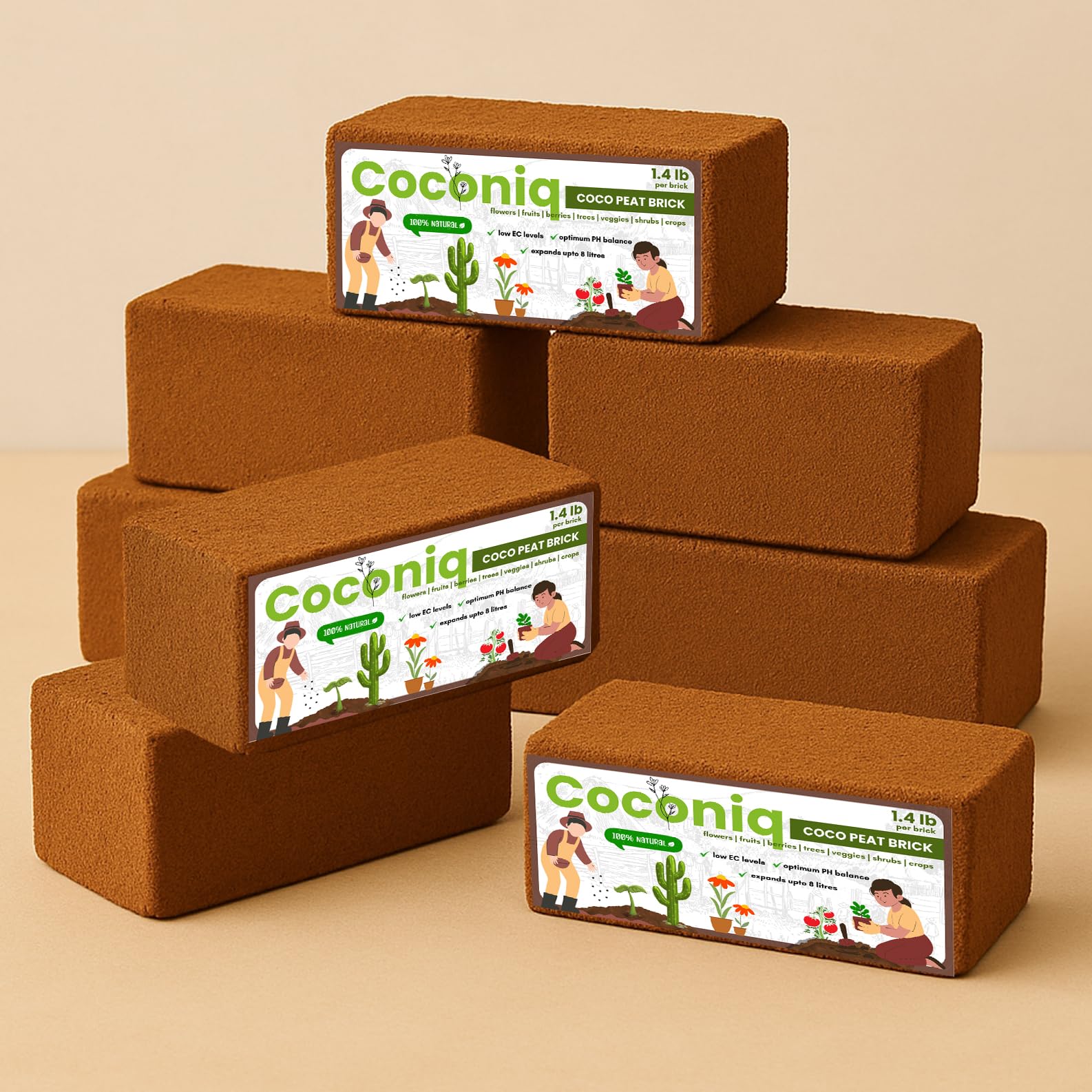 COCONIQ Premium Coco Coir Bricks expand easily when soaked for potting and seed starting.