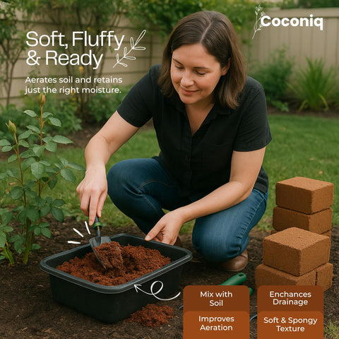 COCONIQ Coco Coir Bricks ready for seed starting with clean, low-dust texture.