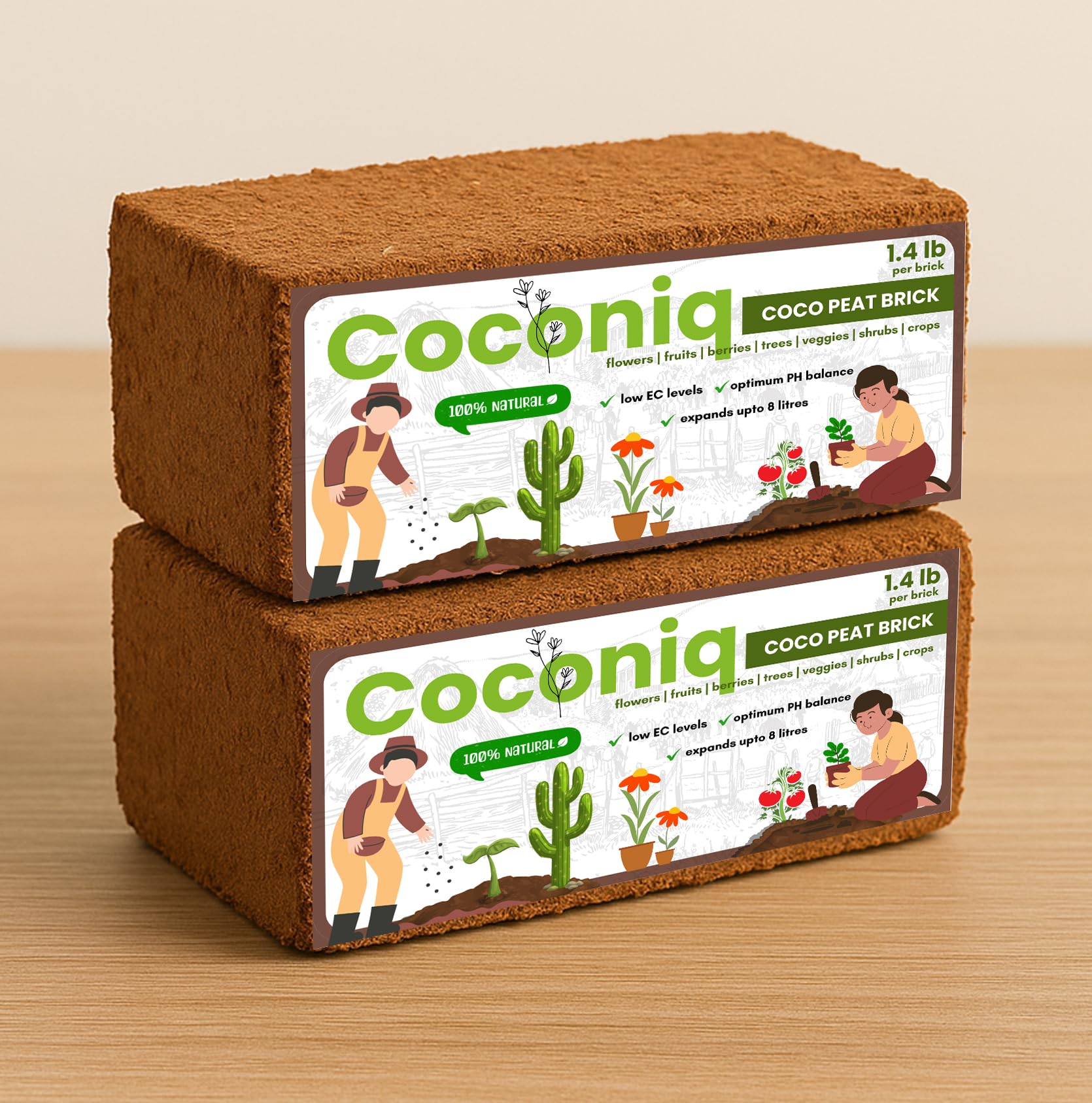 COCONIQ coco coir bricks before soak, ready to expand for potting and seed starting.