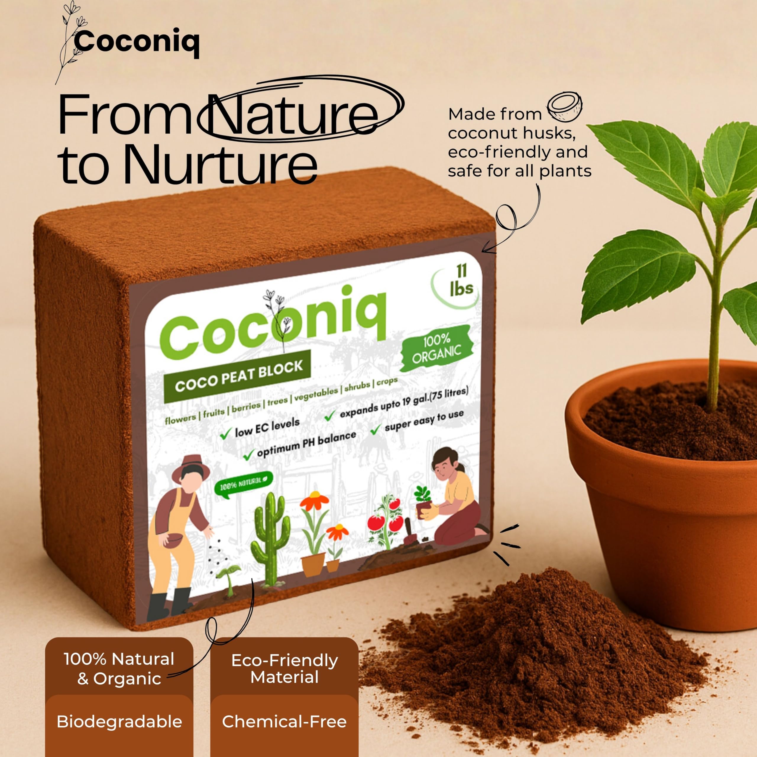 COCONIQ coco coir bricks support container planting and indoor garden setups.