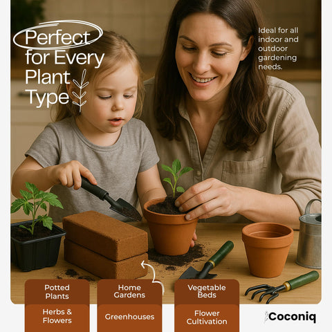 COCONIQ coco coir bricks expanding in water to form a base for containers.