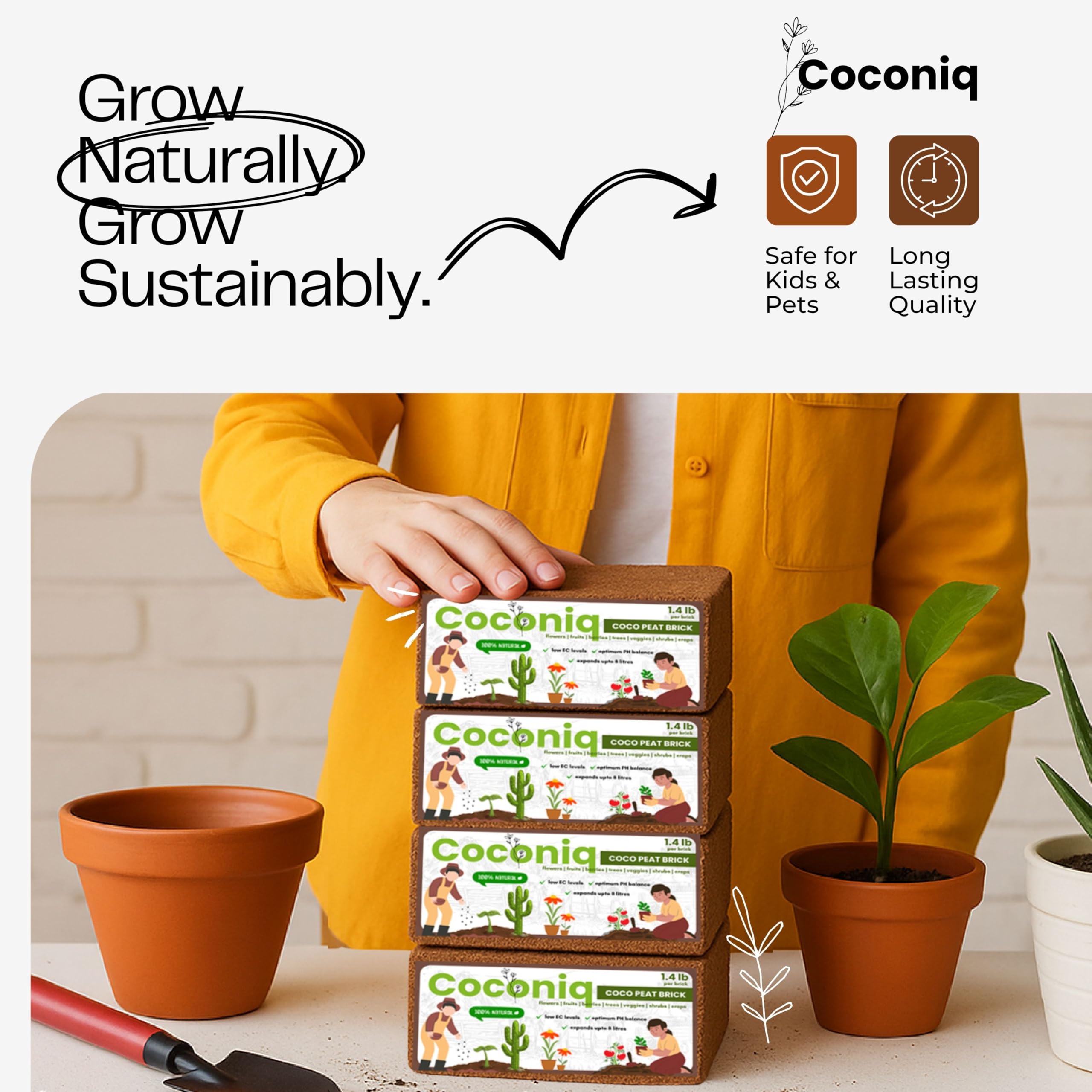 COCONIQ coco coir bricks store compactly and stay ready for future projects.