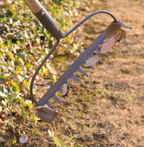 COCONUT easy-assembly and compact-storage rake shown for tidy shed.