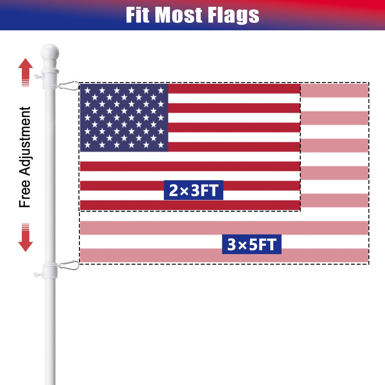 COCONUT flag pole supports 2x3, 3x5, and 4x6 flags for versatility.