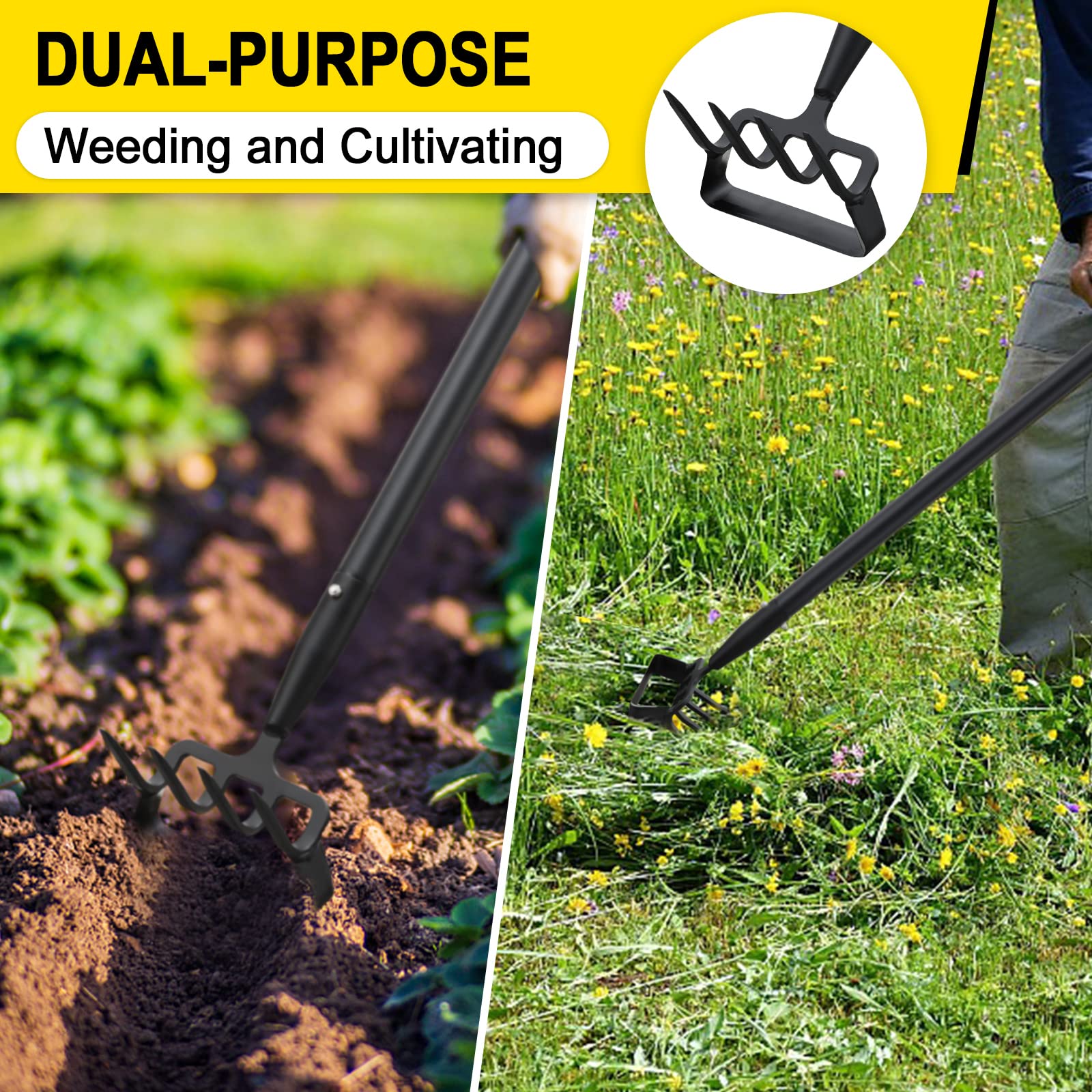 Coconut garden hoe long-handle showing ergonomic design reduces back strain