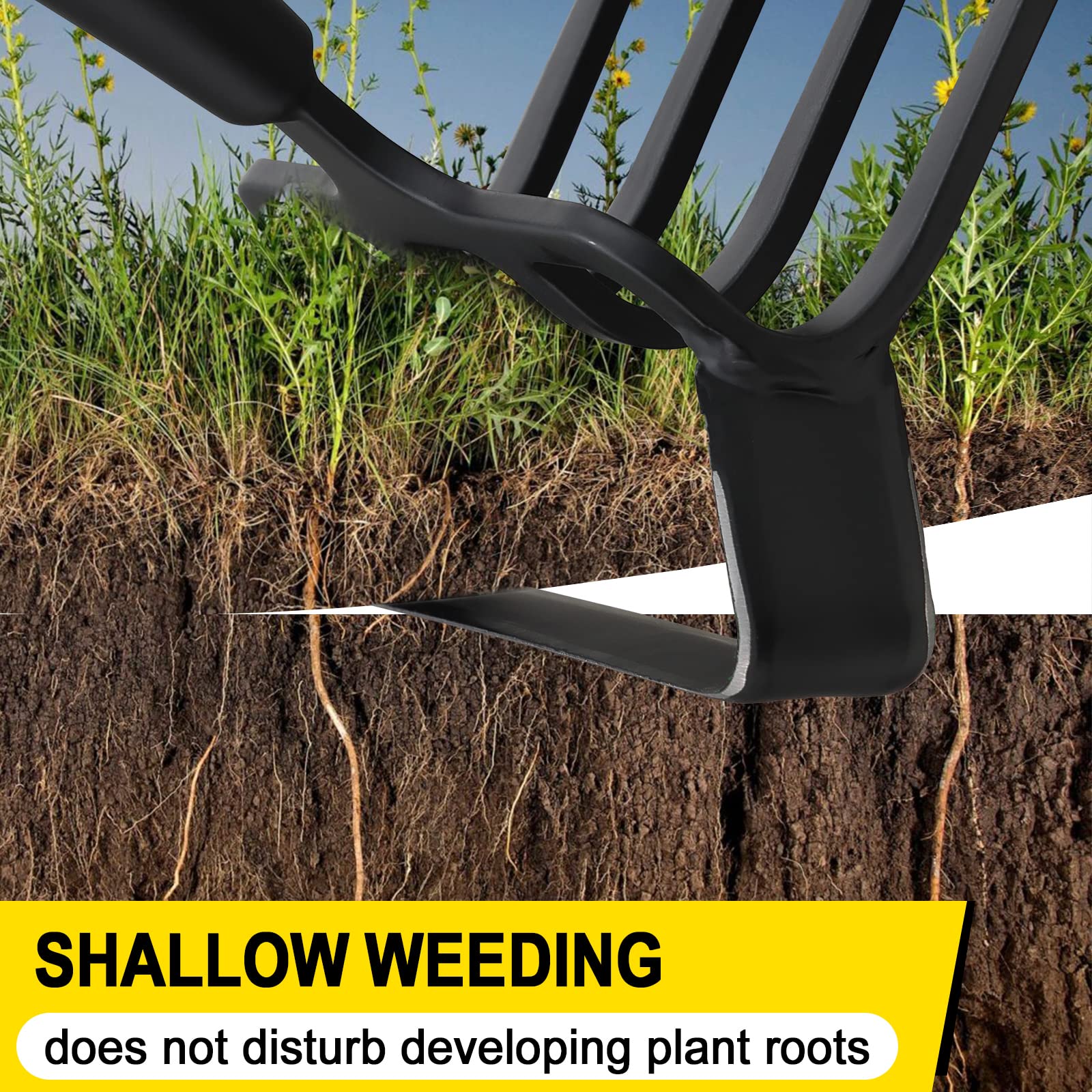 COCONUT garden tool in use near seedlings for precise, gentle weed control.