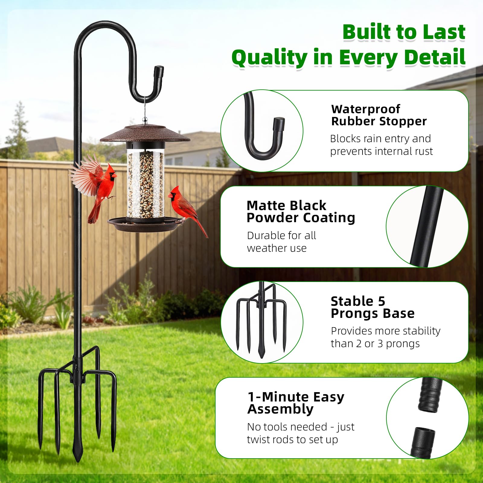 COCONUT adjustable shepherds hook enables quick height changes for versatile outdoor displays.