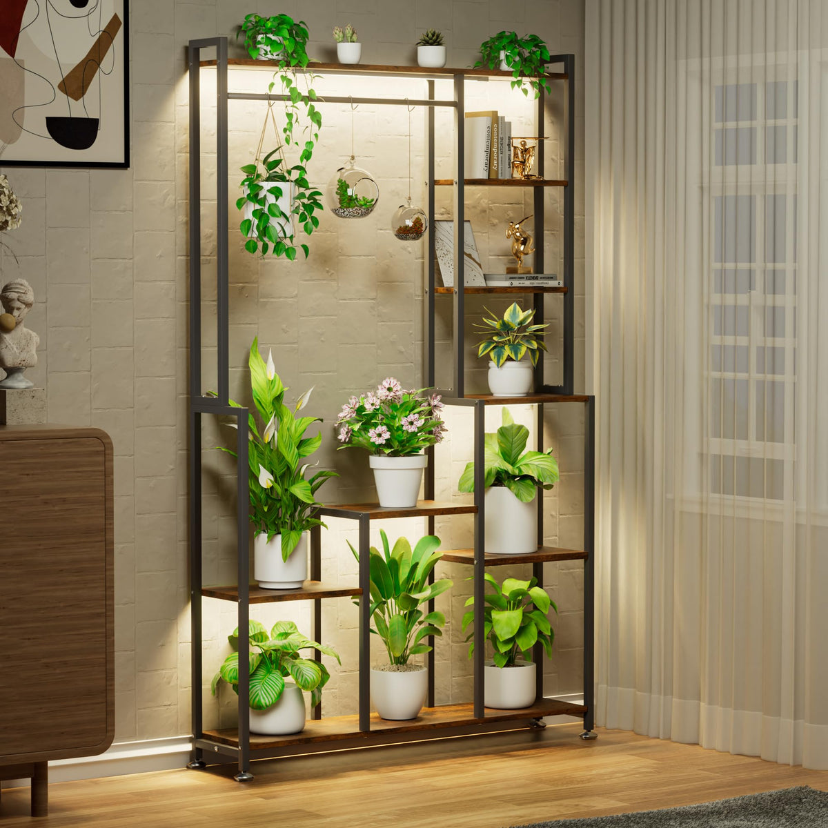 CODACE plant stand with three-head grow lights illuminating indoor plants