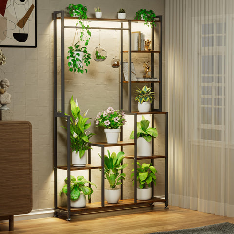 CODACE plant stand with three-head grow lights illuminating indoor plants