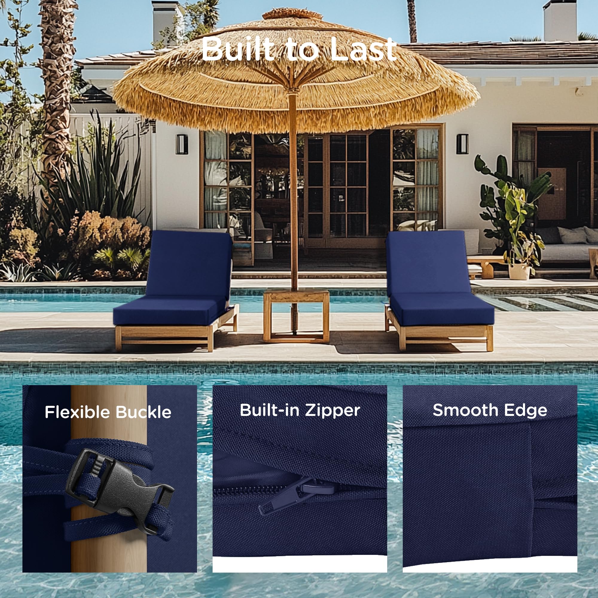 Codi chaise cushion rests securely on a lounge for uninterrupted outdoor relaxation.