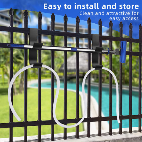 codree fence hook holding pool skimmer pole and hoses securely