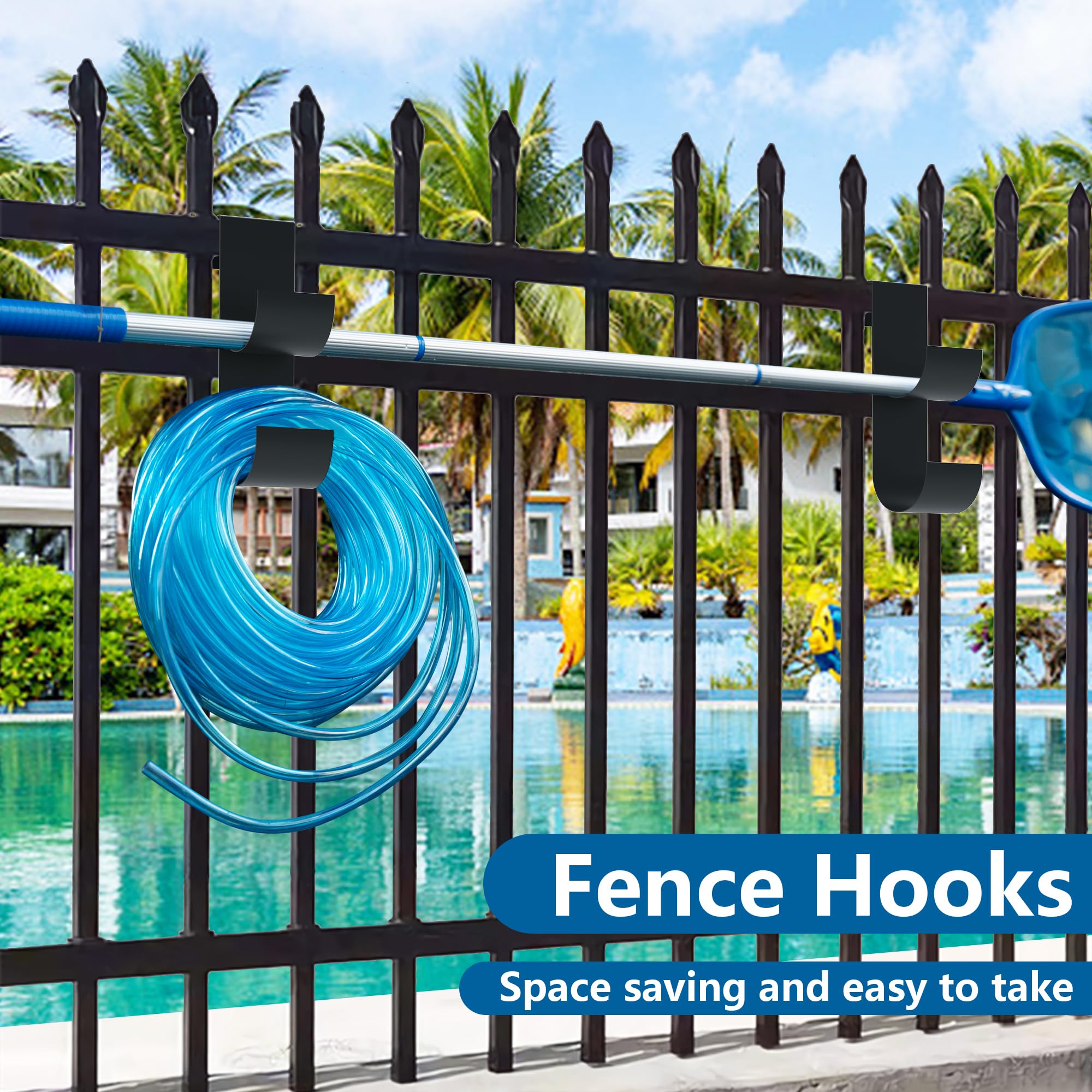 Codree pool equipment hanger keeps hoses and brushes neatly stored.