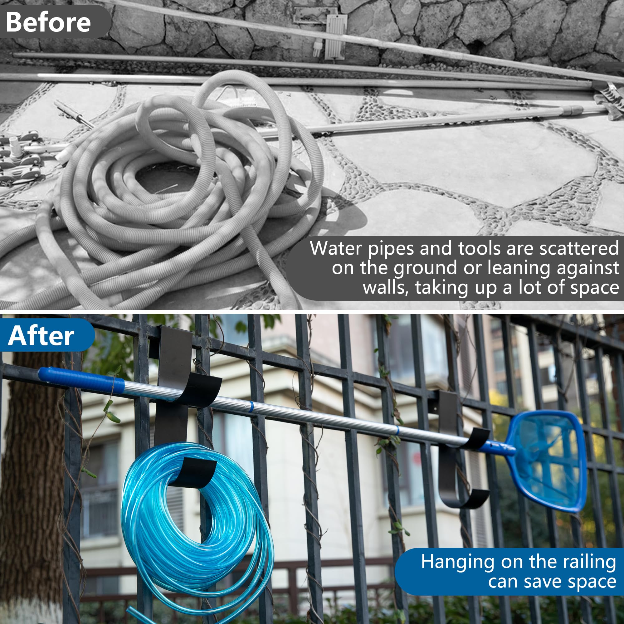 Codree screwless pool hook enables tool-free mounting on rails.