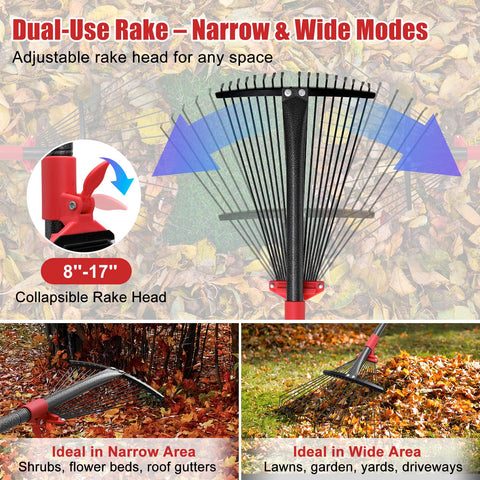 Cogardenshower 17 inch extra wide head rake for efficient large area sweeping.