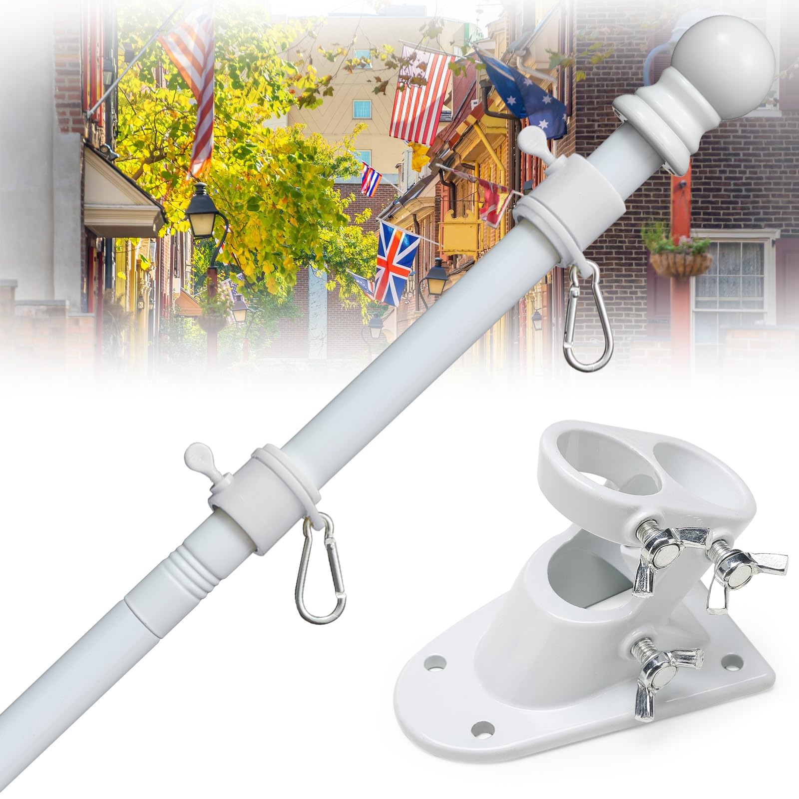 Cogardenshower flag pole in white stainless steel for year round outdoor use.
