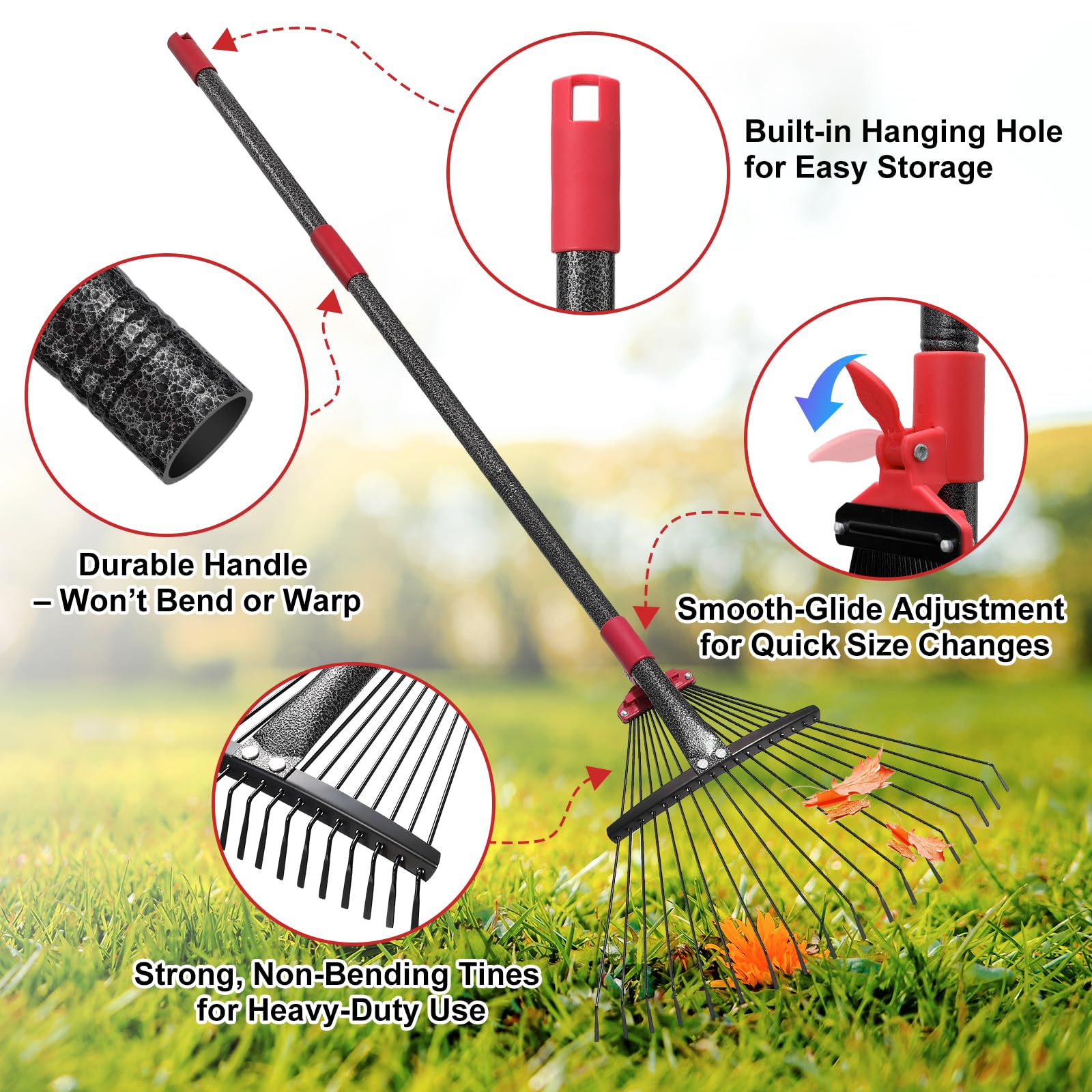 Cogardenshower versatile rake suited for camping and RV site cleanup.